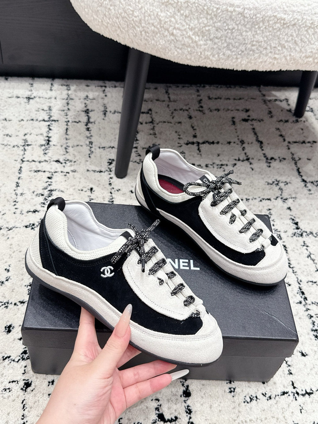 CHANEL 26S LACE-UP SNEAKERS IN WHITE AND BLACK SUEDE STYLE 2