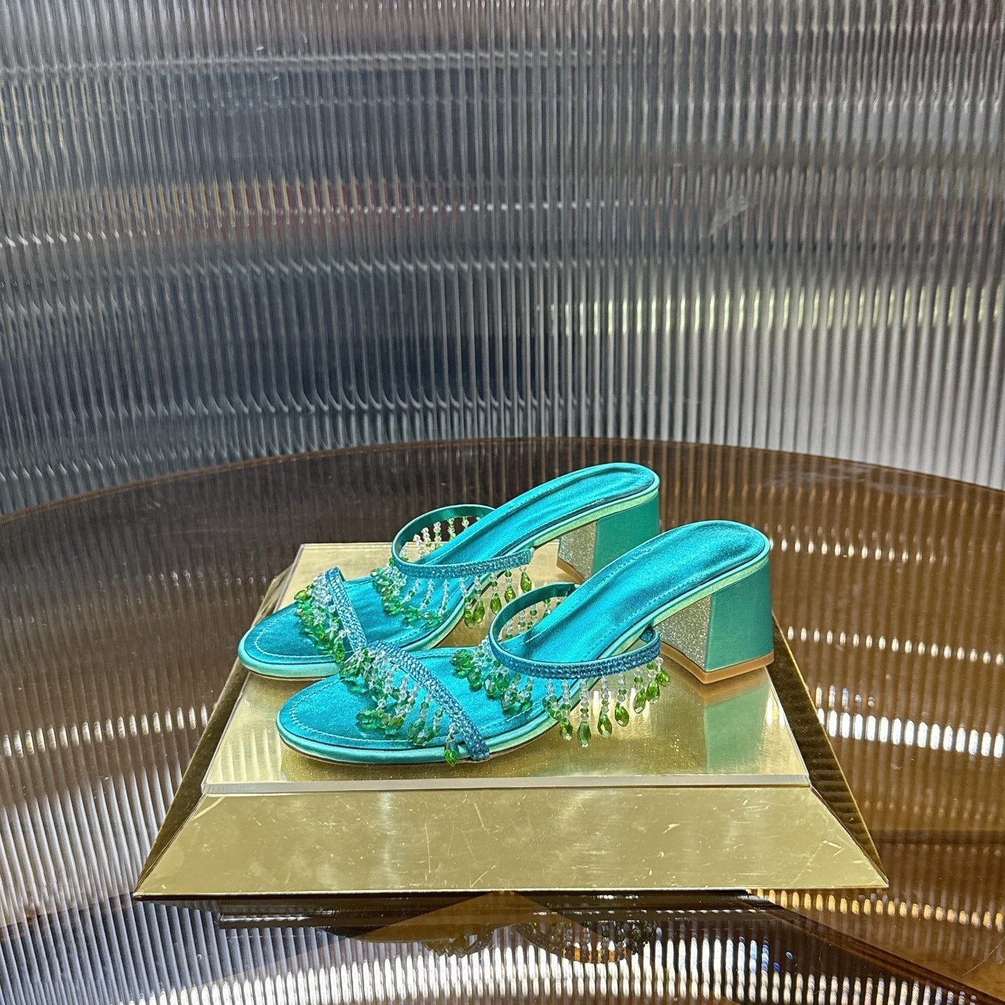 RENE CAOVILLA 26S HIGH-HEEL SANDALS 50 MM IN EMERALD GREEN LAMBSKIN