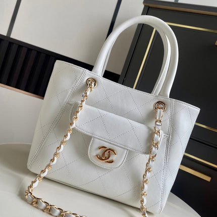 CHANEL 26S QUILTED SMALL SHOPPING TOTE 25 IN WHITE CAVIAR CALFSKIN GOLD HARDWARE