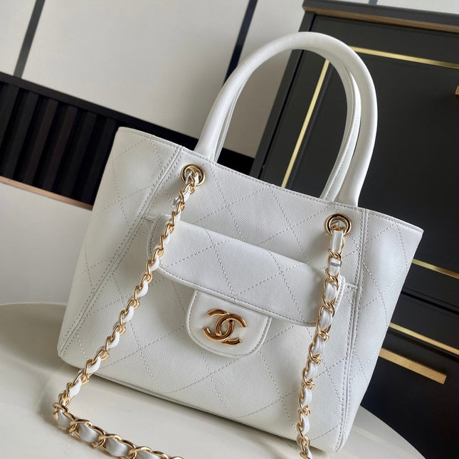 CHANEL 26S QUILTED SMALL SHOPPING TOTE 25 IN WHITE CAVIAR CALFSKIN GOLD HARDWARE