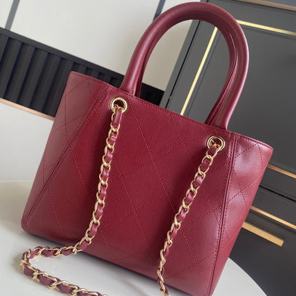 CHANEL 26S QUILTED SMALL SHOPPING TOTE 25 IN BURGUNDY RED CAVIAR CALFSKIN GOLD HARDWARE