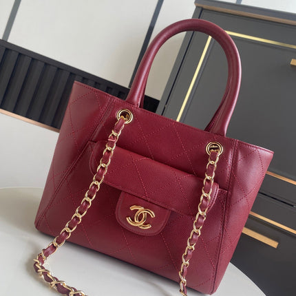 CHANEL 26S QUILTED SMALL SHOPPING TOTE 25 IN BURGUNDY RED CAVIAR CALFSKIN GOLD HARDWARE