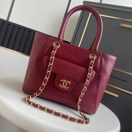 CHANEL 26S QUILTED SMALL SHOPPING TOTE 25 IN BURGUNDY RED CAVIAR CALFSKIN GOLD HARDWARE