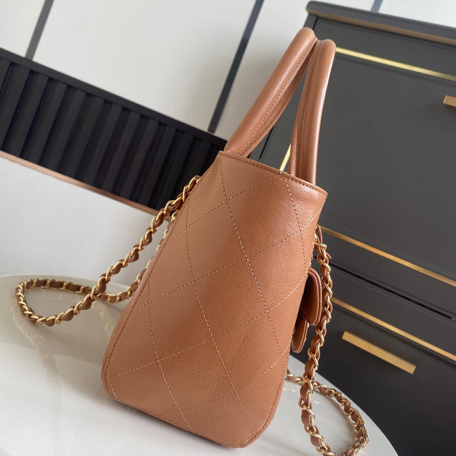 CHANEL 26S QUILTED SMALL SHOPPING TOTE 25 IN CARAMEL BROWN CAVIAR CALFSKIN GOLD HARDWARE