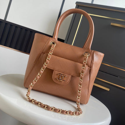 CHANEL 26S QUILTED SMALL SHOPPING TOTE 25 IN CARAMEL BROWN CAVIAR CALFSKIN GOLD HARDWARE