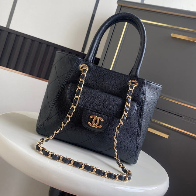 CHANEL 26S QUILTED SMALL SHOPPING TOTE 25 IN BLACK CAVIAR CALFSKIN GOLD HARDWARE