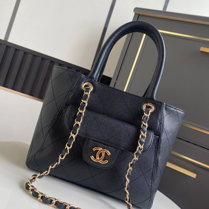 CHANEL 26S QUILTED SMALL SHOPPING TOTE 25 IN BLACK CAVIAR CALFSKIN GOLD HARDWARE