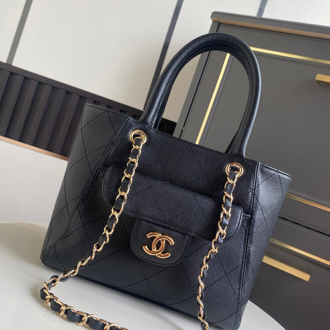 CHANEL 26S QUILTED SMALL SHOPPING TOTE 25 IN BLACK CAVIAR CALFSKIN GOLD HARDWARE
