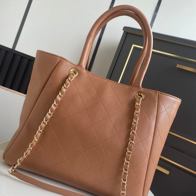 CHANEL 26S QUILTED LARGE SHOPPING TOTE 39 IN CARAMEL BROWN CAVIAR CALFSKIN GOLD HARDWARE