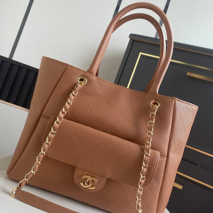 CHANEL 26S QUILTED LARGE SHOPPING TOTE 39 IN CARAMEL BROWN CAVIAR CALFSKIN GOLD HARDWARE