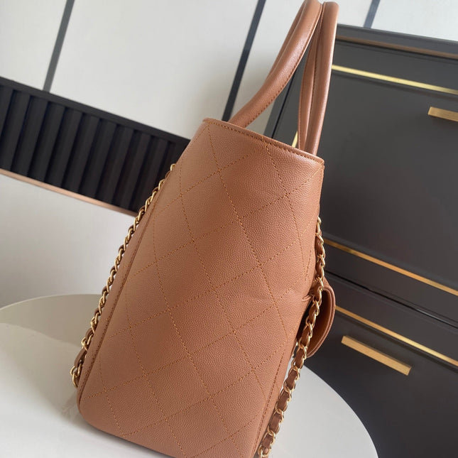 CHANEL 26S QUILTED LARGE SHOPPING TOTE 39 IN CARAMEL BROWN CAVIAR CALFSKIN GOLD HARDWARE