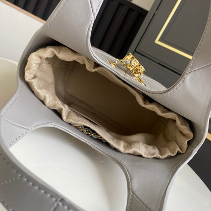 CHANEL 26S QUILTED HOBO BAG 27 IN LIGHT GREY CALFSKIN GOLD HARDWARE