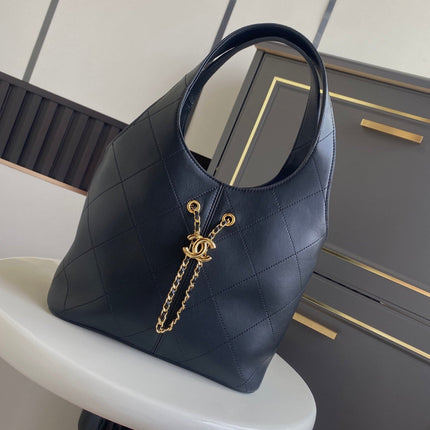 CHANEL 26S QUILTED HOBO LARGE BAG 35 IN BLACK CALFSKIN GOLD HARDWARE