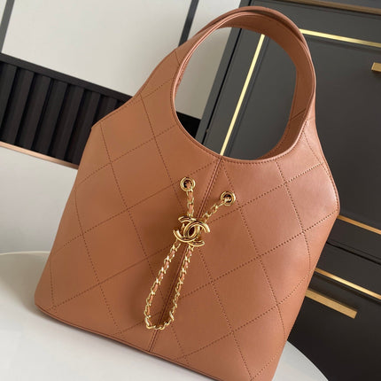 CHANEL 26S QUILTED HOBO LARGE BAG 35 IN CARAMEL BROWN CALFSKIN GOLD HARDWARE
