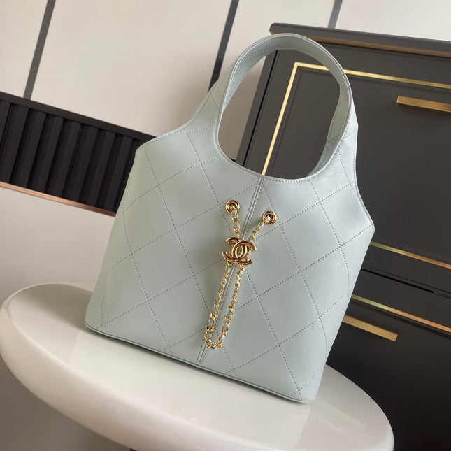 CHANEL 26S QUILTED HOBO LARGE BAG 35 IN PALE BLUE CALFSKIN GOLD HARDWARE