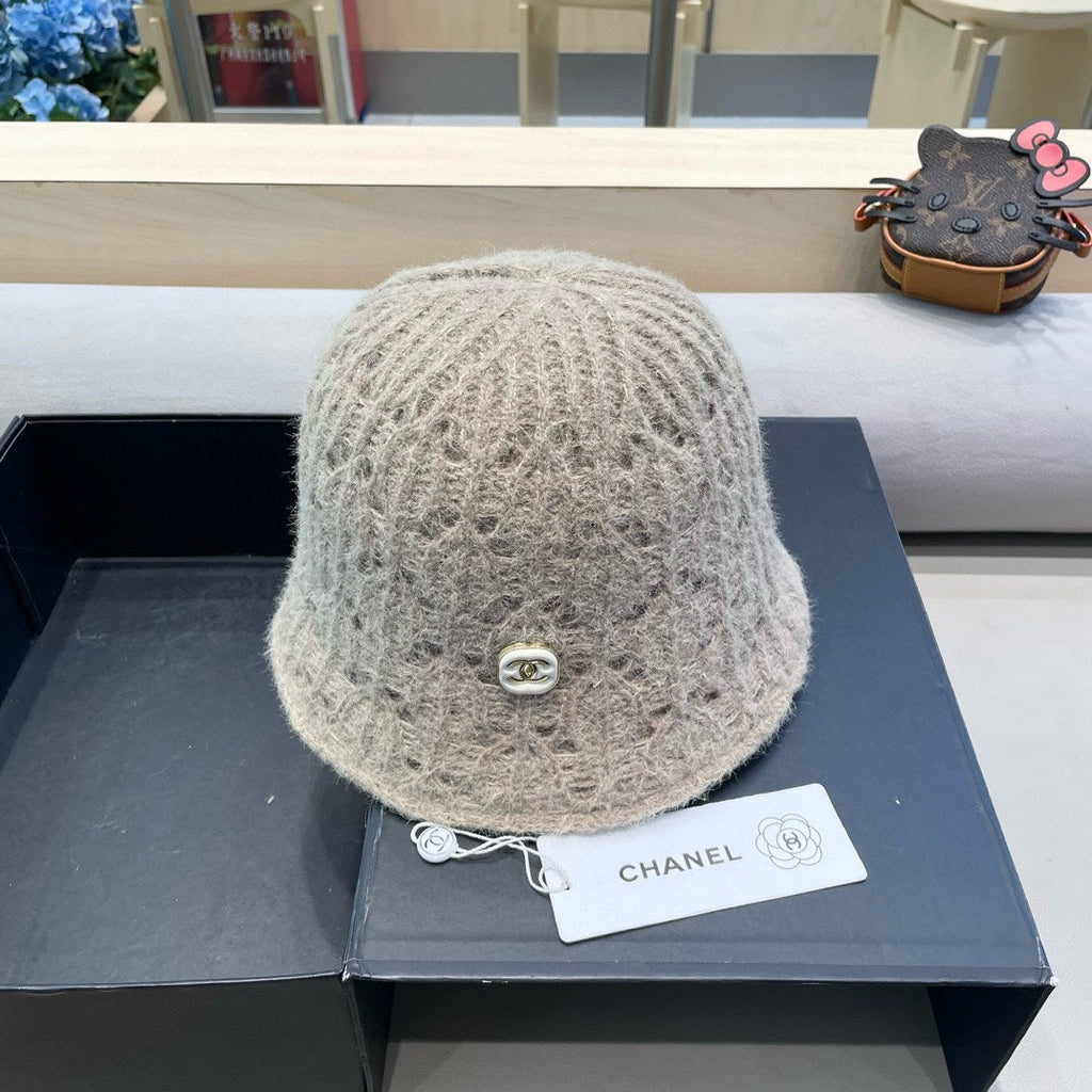 BUCKET HAT KHAKI BROWN KNITTED FABRIC WITH RABBIT FUR 428091
