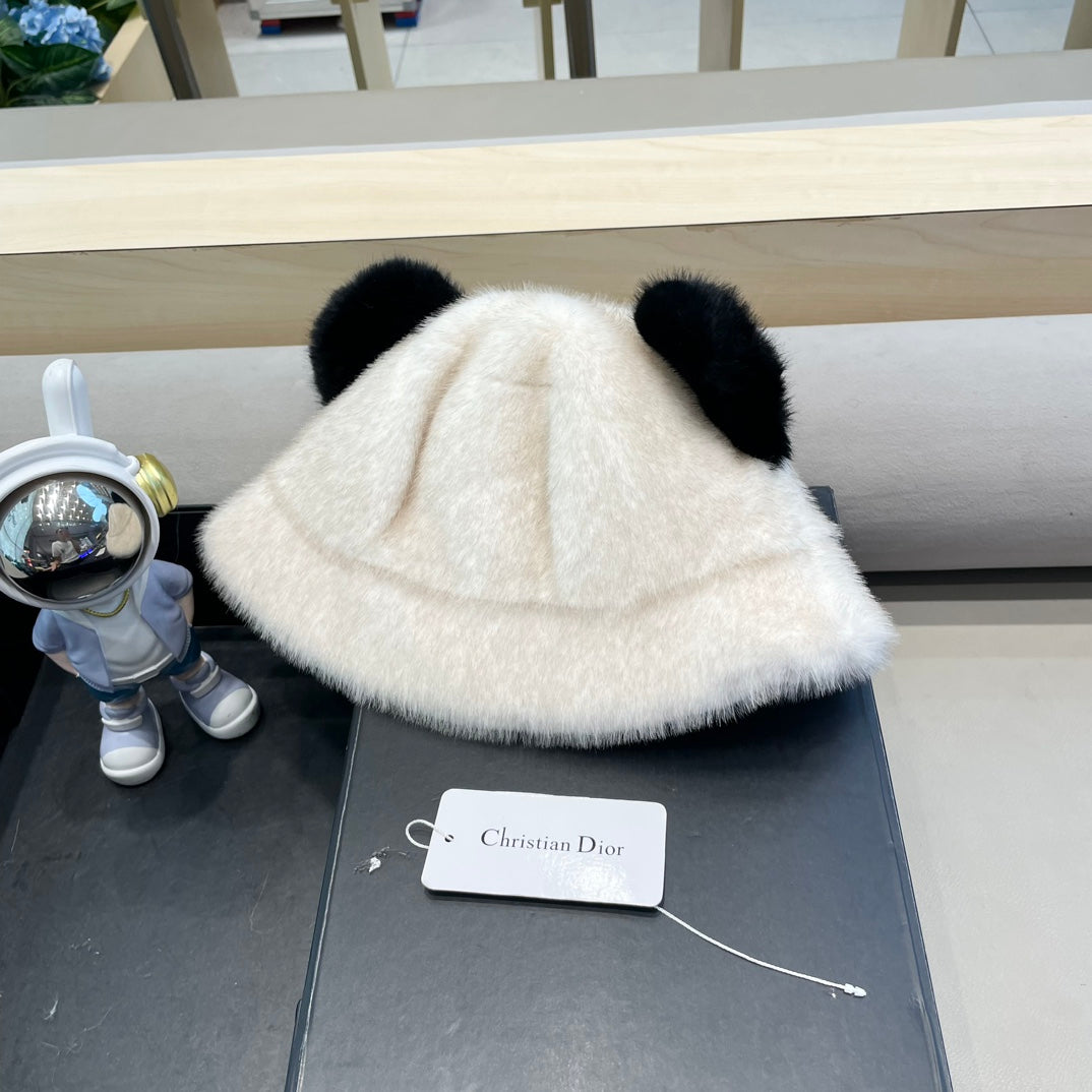 BUCKET HAT WITH CUTE BEAR EARS IN WHITE RABBIT FUR 434970