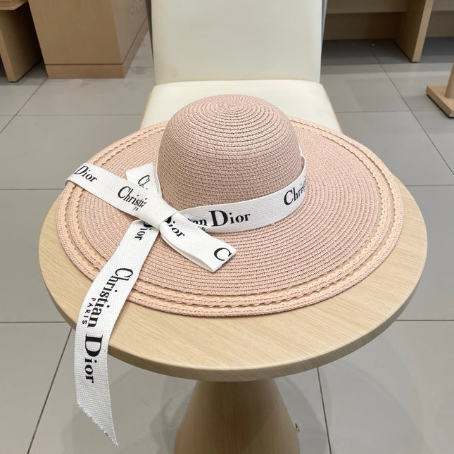 HAT IN LIGHT PINK BEIGE RAFFIA WIDE-BRIM MIX BIG WHITE BOW