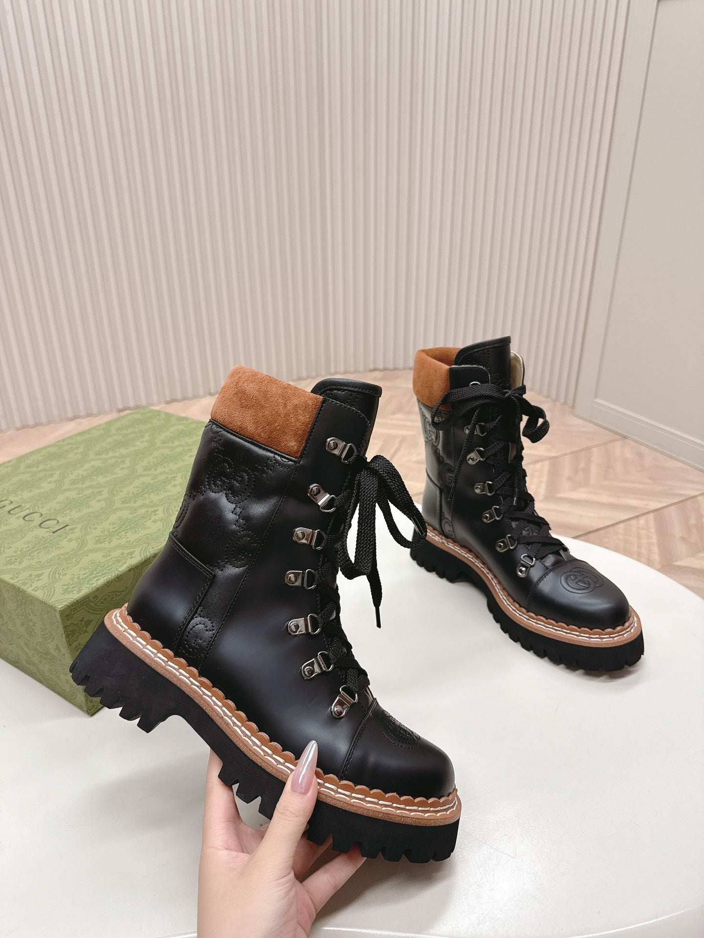 MARTIN LACE-UP ANKLE BOOTS IN BLACK EMBOSSED CALFSKIN MIX BROWN SUEDE
