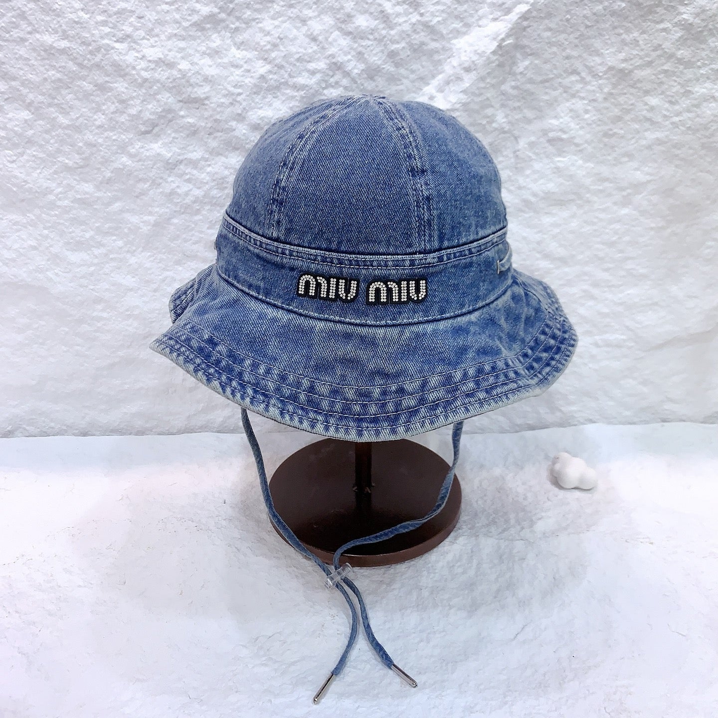 MIUMIU NEW DENIM BUCKET HAT RHINESTONE LOGO