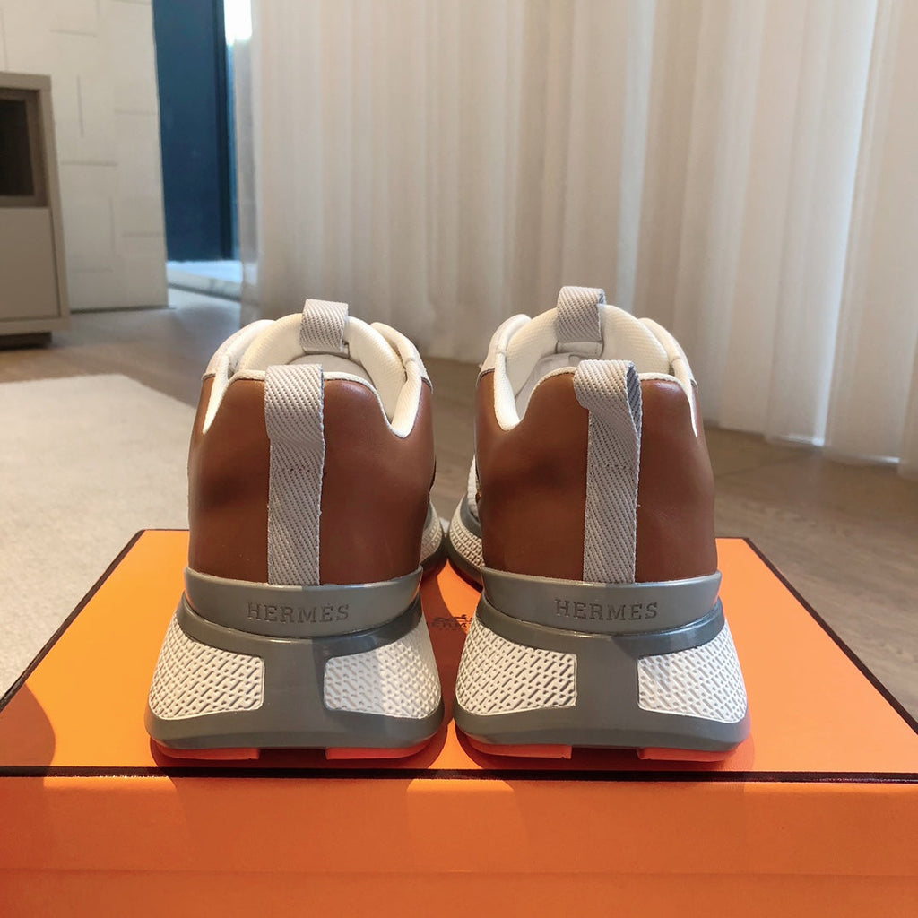 HEROS SNEAKER IN WHITE BREATHABLE MESH FABRIC AND BROWN CALFSKIN
