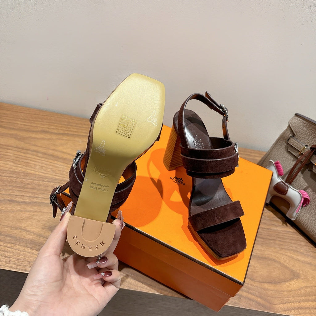 HM 26S GIGI 85 SANDAL IN DARK BROWN SUEDE SILVER HARDWARE