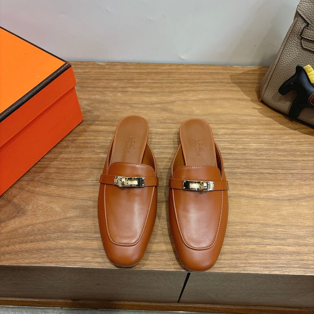 HM 26S KELLY MULE IN CARAMEL BROWN CALFSKIN GOLD HARDWARE