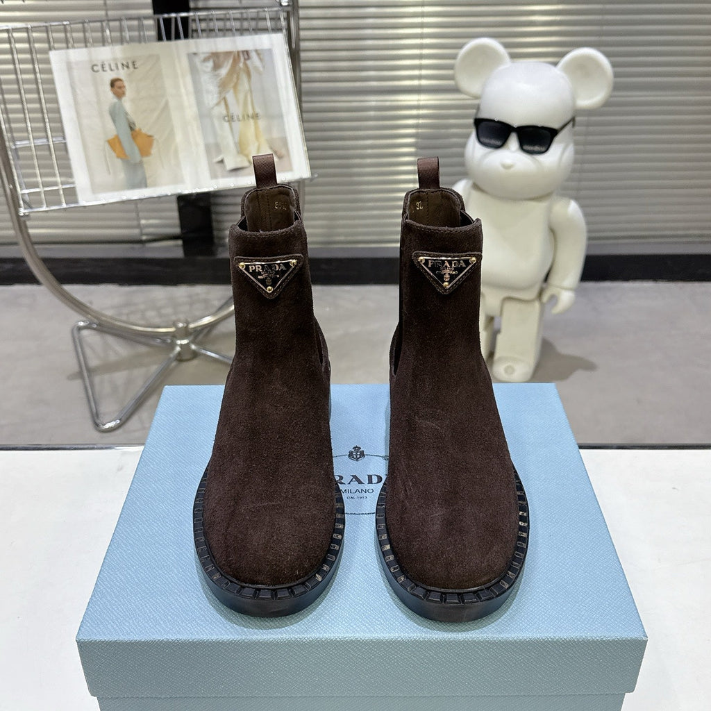 PRADA 25S RETRO PLATFORM MARTIN BOOTS IN DARK BROWN SUEDE