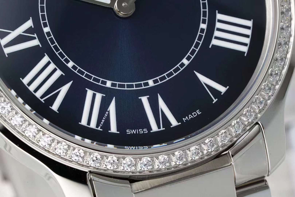 RONDE MUST DE CARTIER WATCH SILVER CASE AND NAVY BLUE DIAL WITH CRYSTALS