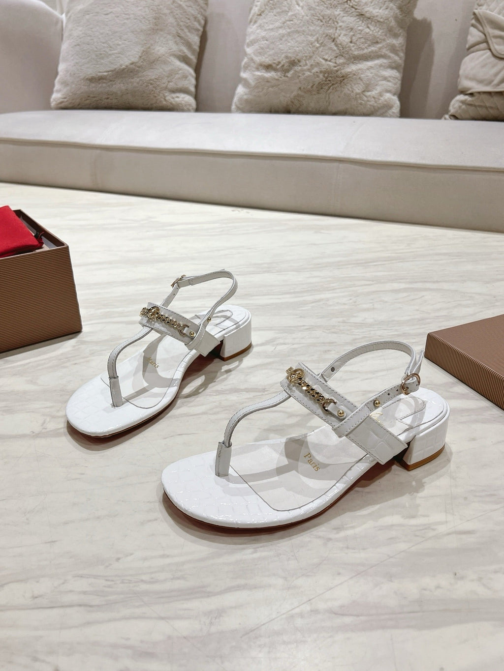 THONG SANDALS SLINGBACK 25MM IN SNAKE-EFFECT WHITE CALFSKIN