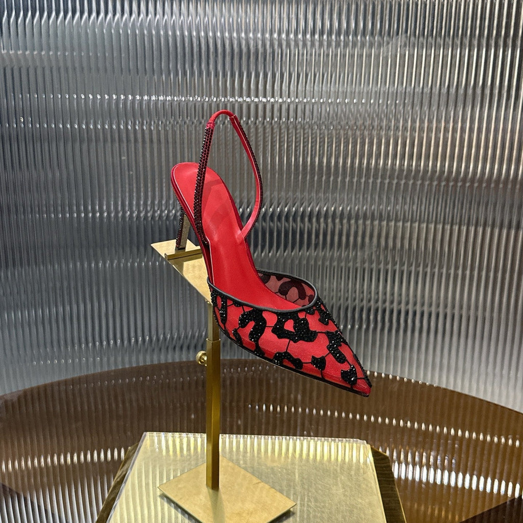 RENE CAOVILLA 26S HIGH-HEEL SLINGBACKS 100 MM IN RED MIX BLACK RHINESTONE MESH