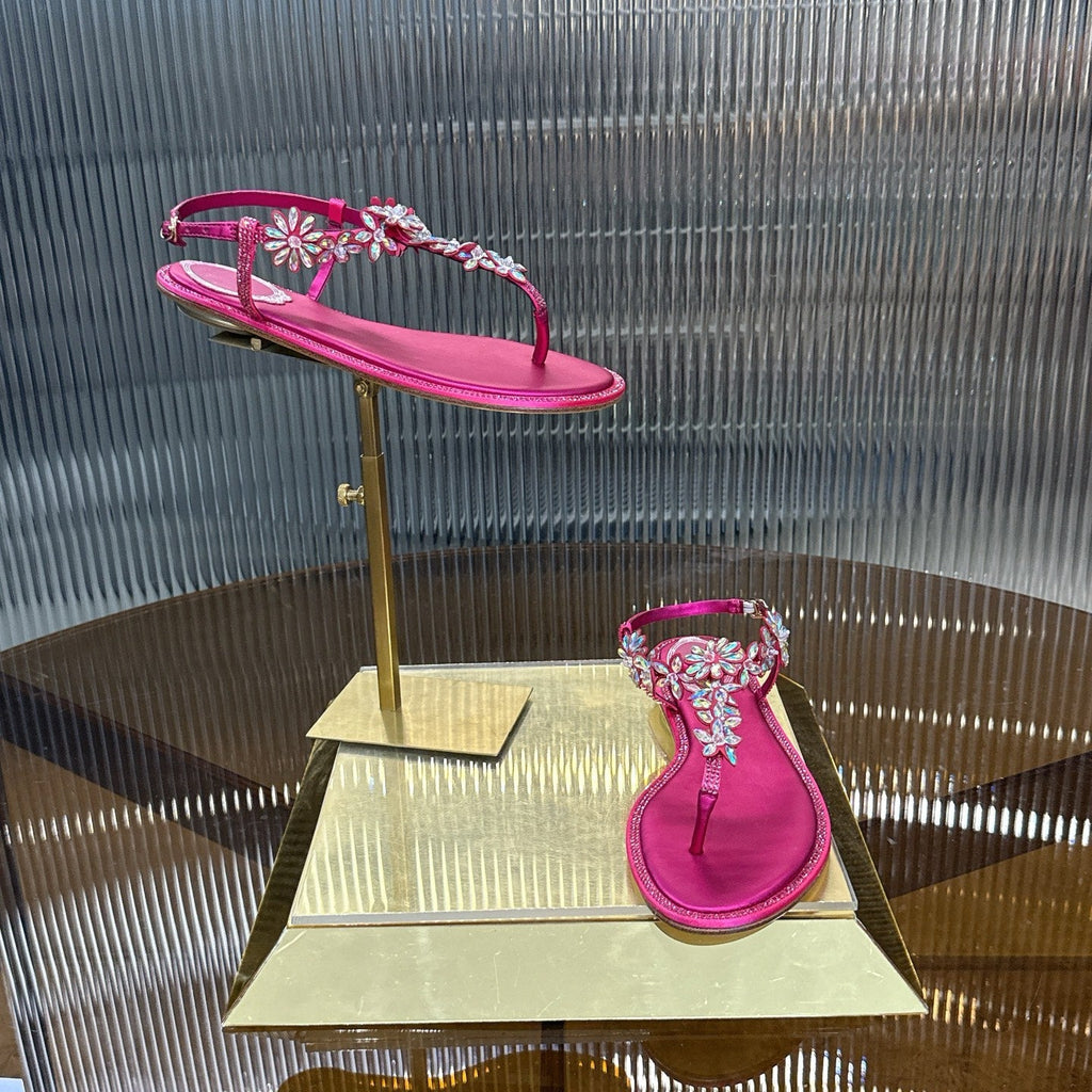 RENE CAOVILLA 26S EMBELLISHED THONG SANDALS IN DARK PINK LAMBSKIN