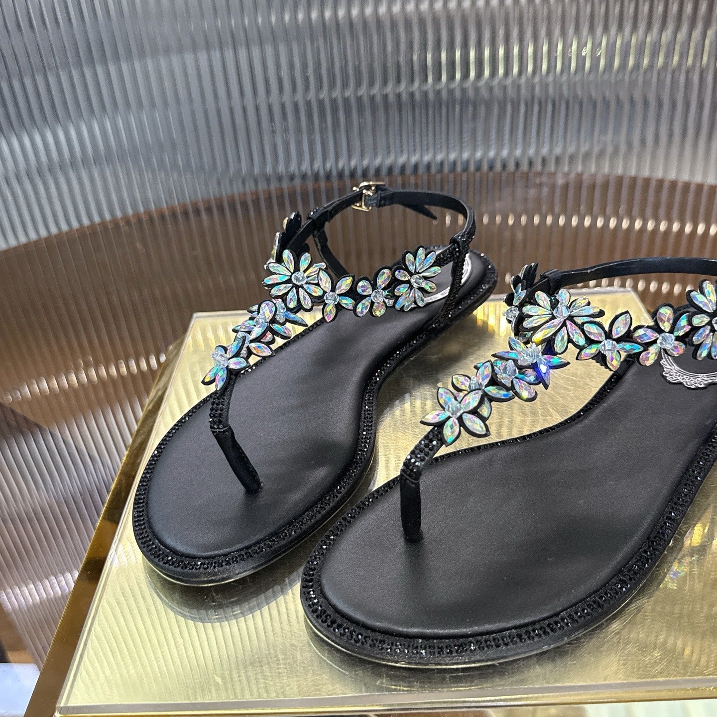 RENE CAOVILLA 26S EMBELLISHED THONG SANDALS IN BLACK LAMBSKIN