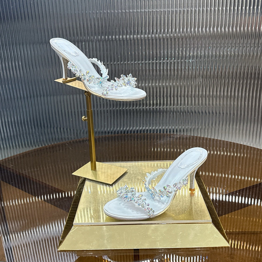 RENE CAOVILLA 26S HEEL SANDALS 75 MM IN WHITE LAMBSKIN WITH CRYSTAL