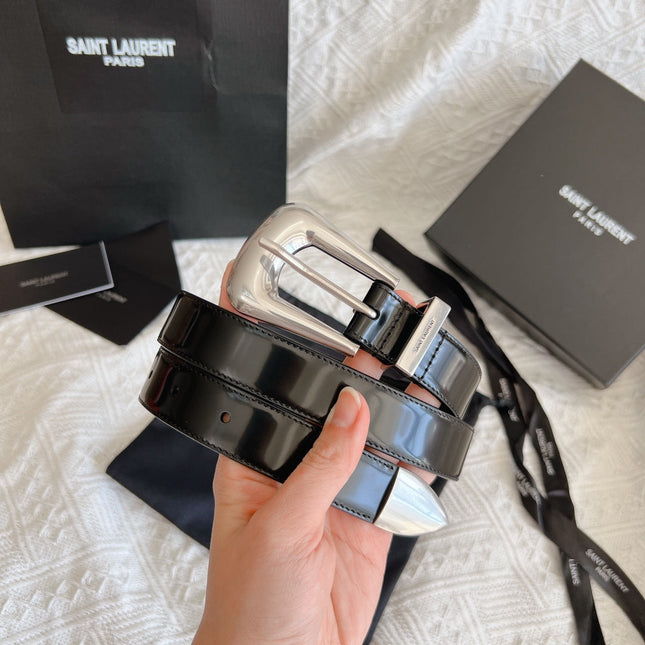 YSL 25S BELT 25 MM IN BLACK GLOSSY CALFSKIN 558366