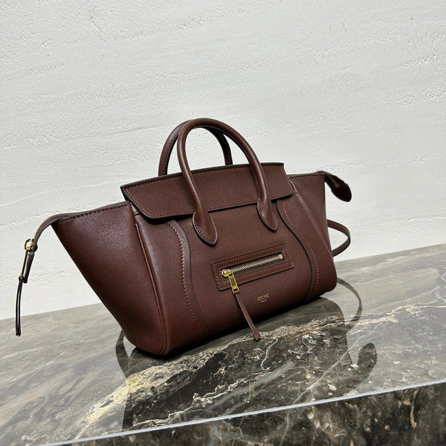 CELINE 25S NEW LUGGAGE 38MM IN CHOCOLATE BROWN  SHINY LAMBSKIN GOLD HARDWARE