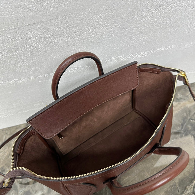 CELINE 25S NEW LUGGAGE 38MM IN CHOCOLATE BROWN  SHINY LAMBSKIN GOLD HARDWARE