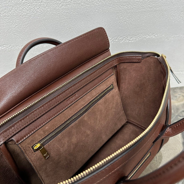 CELINE 25S NEW LUGGAGE 38MM IN CHOCOLATE BROWN  SHINY LAMBSKIN GOLD HARDWARE