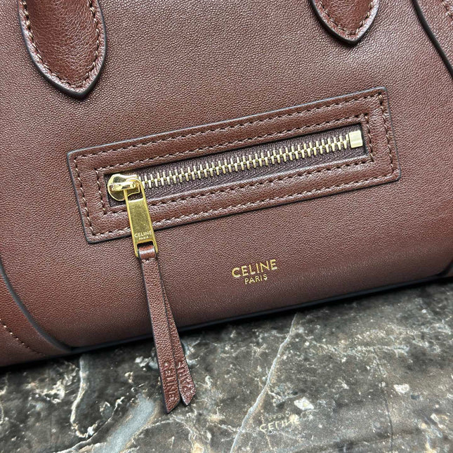 CELINE 25S NEW LUGGAGE 38MM IN CHOCOLATE BROWN  SHINY LAMBSKIN GOLD HARDWARE