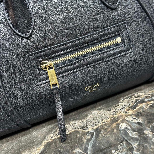 CELINE 25S NEW LUGGAGE 38MM IN BLACK SHINY LAMBSKIN GOLD HARDWARE