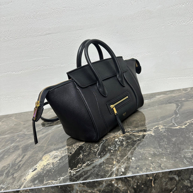 CELINE 25S NEW LUGGAGE 38MM IN BLACK SHINY LAMBSKIN GOLD HARDWARE