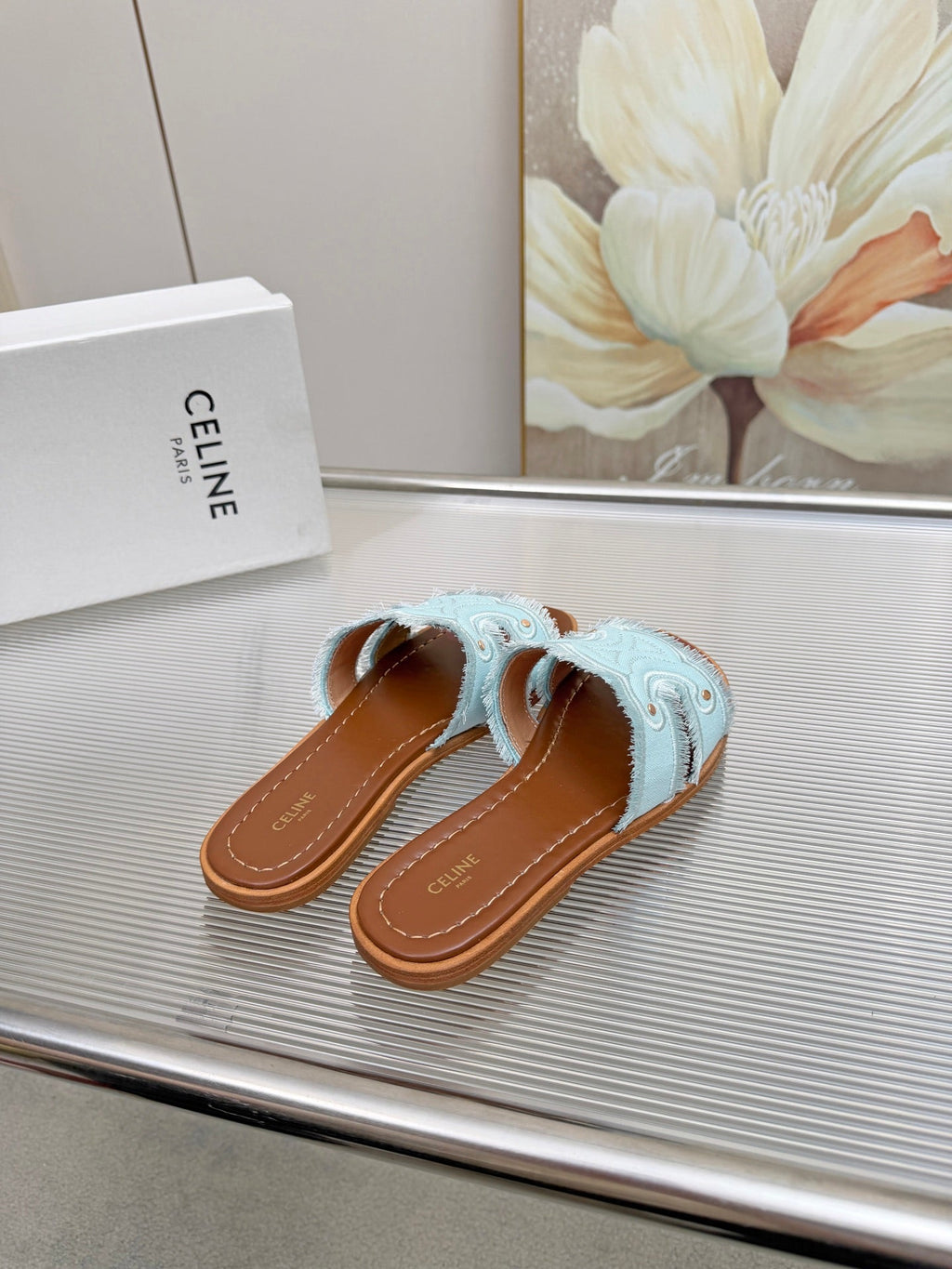 CELINE 26S TRIOMPHE SLIDE SANDALS IN SKY BLUE CANVAS