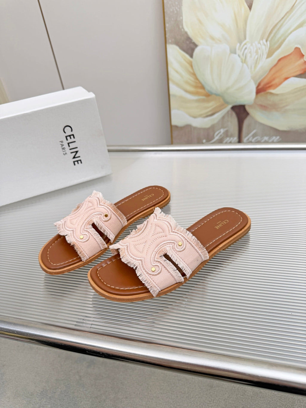 CELINE 26S TRIOMPHE SLIDE SANDALS IN BLUSH PINK CANVAS