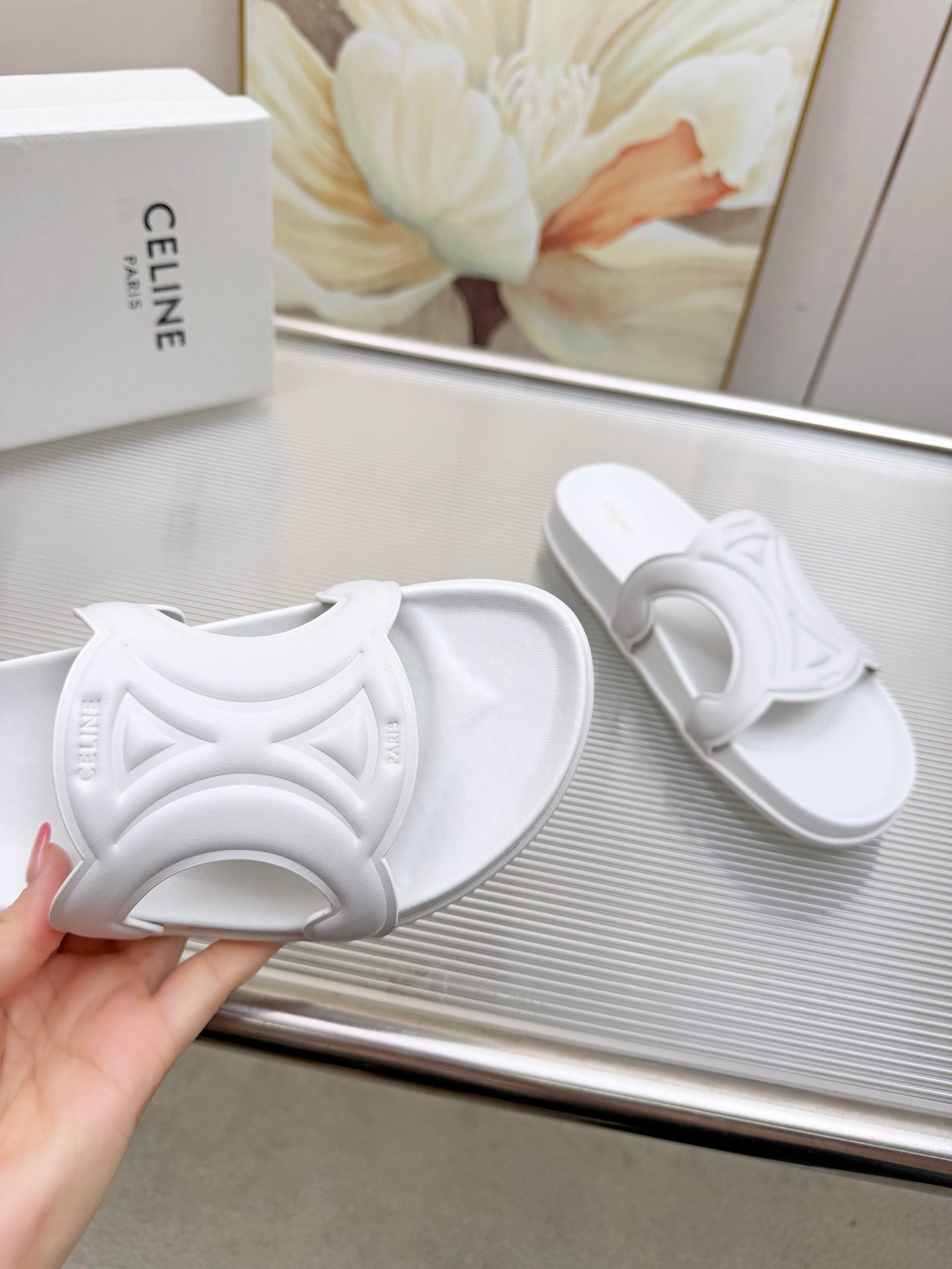 CELINE 26S TRIOMPHE SLIDES IN WHITE CALFSKIN