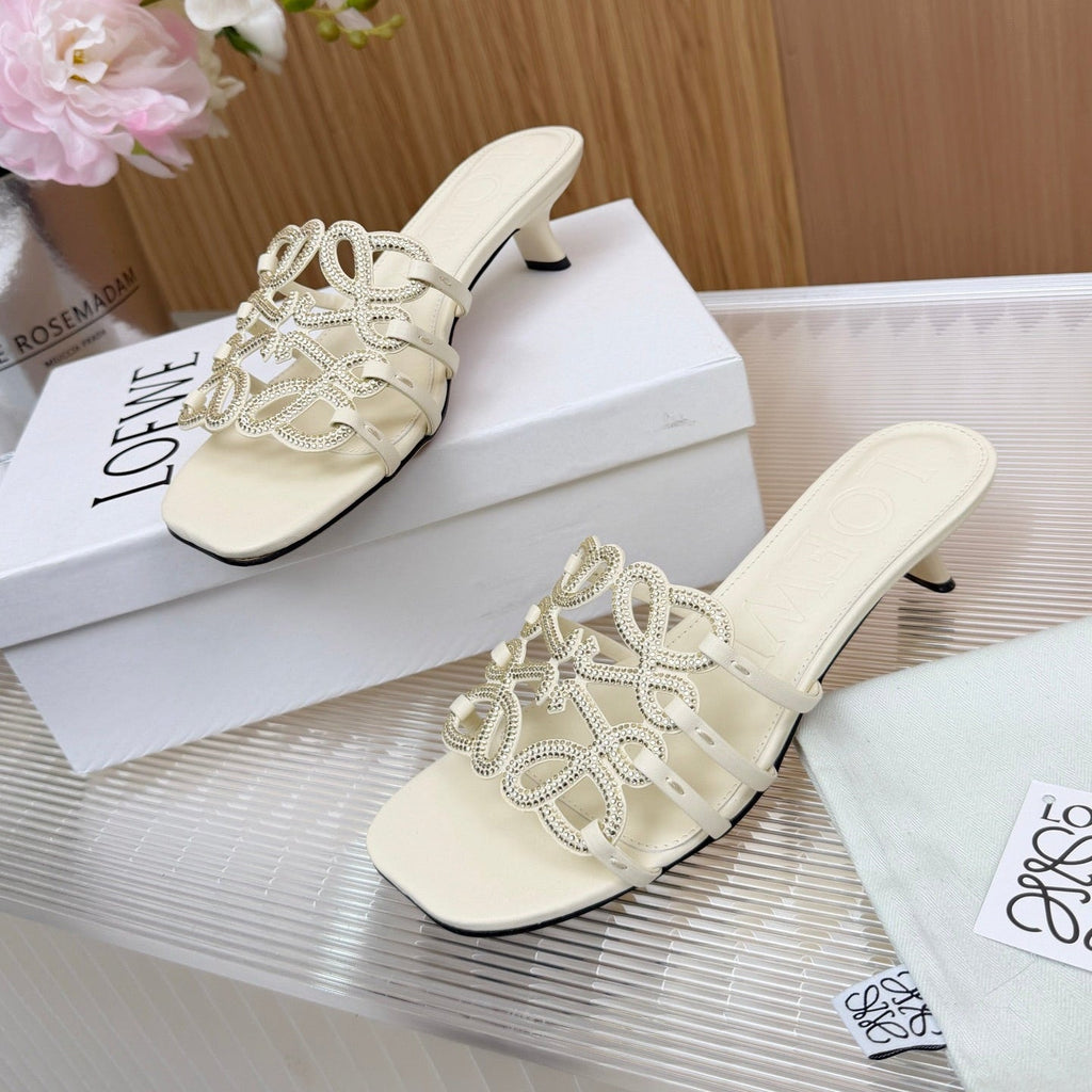 LOEWE 26S PETAL ANAGRAM SLIDE 45MM IN CREAM WHITE SOFT CALFSKIN WITH CRYSTALS