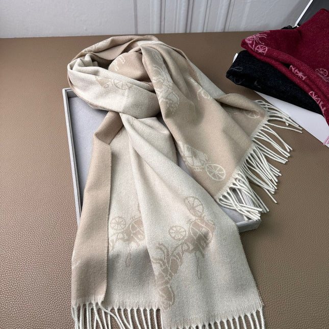 HORSE & CARRIAGE PRINT SCARF 195 CM IN BEIGE WOOL 375241