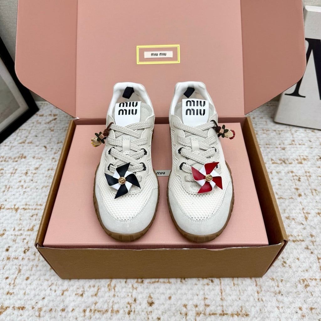 MIUMIU 26S CHARM SNEAKERS IN WHITE MESH AND SUEDE