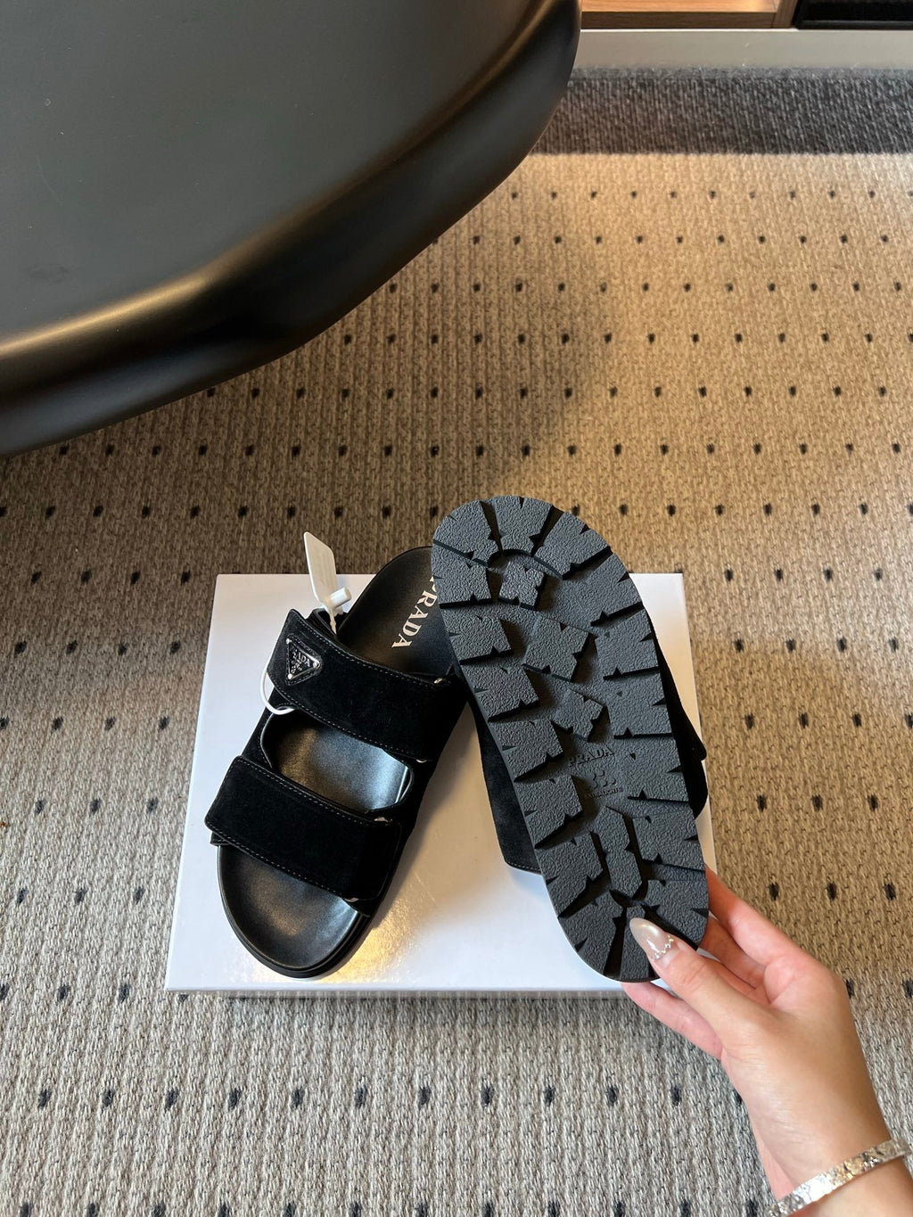 PRADA 26S DOUBLE STRAP SLIDES 35MM IN BLACK SUEDE