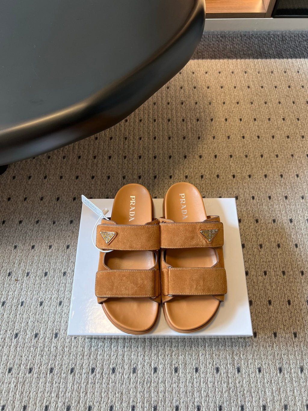 PRADA 26S DOUBLE STRAP SLIDES 35MM IN CARAMEL BROWN SUEDE