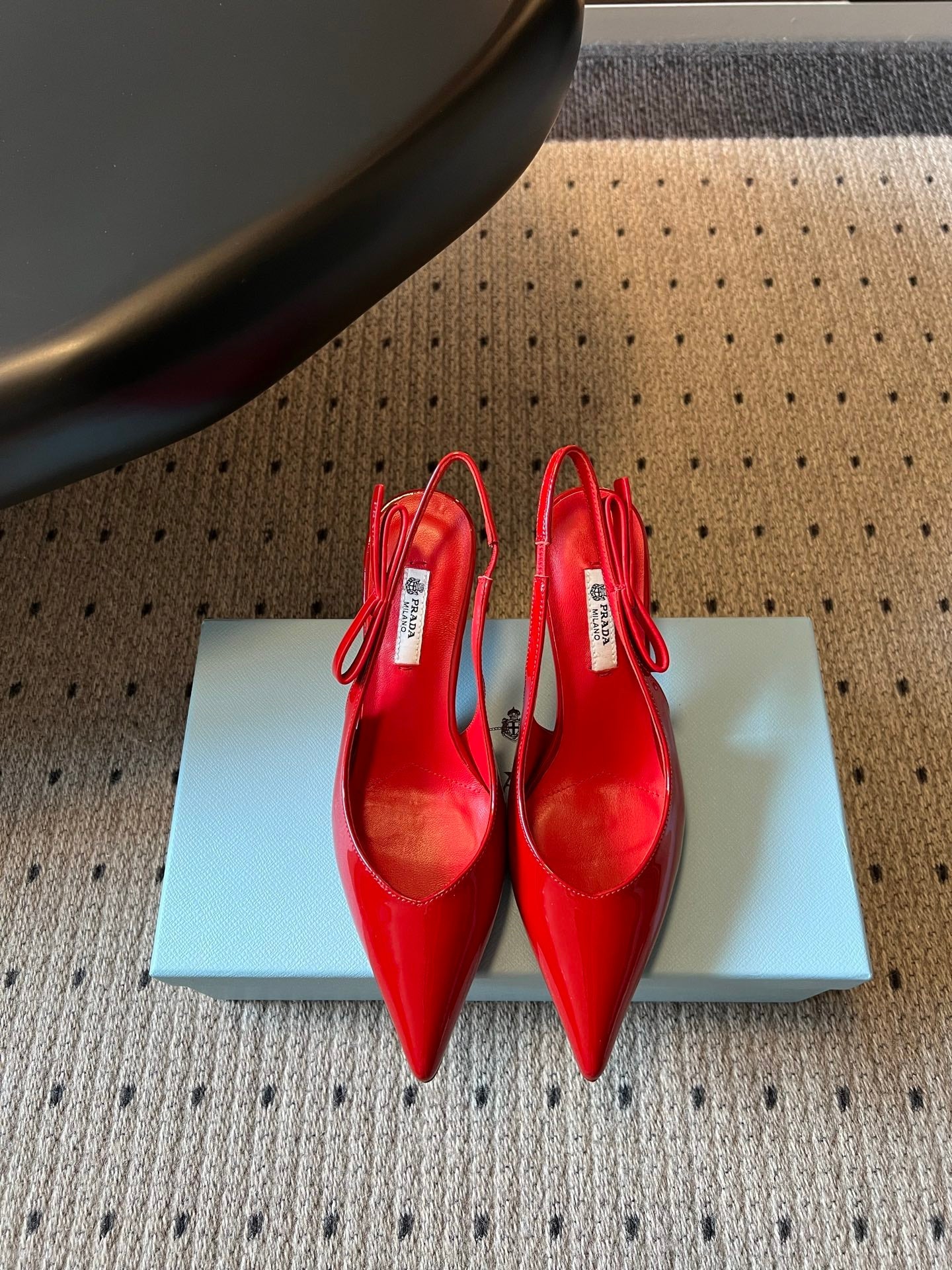PRADA 26S POINTED TOE SLINGBACK HEELS 75MM IN RED PATENT CALFSKIN